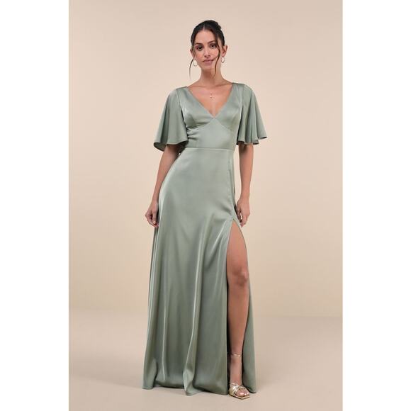 NWT Lulus Elegant Confidence Sage Satin Flutter Sleeve Cutout Maxi Dress Size S - Picture 1 of 10